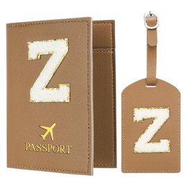 PATIKIL Passport Holder for Travel, Initial Passport Cover and Luggage Tag Set with Alphabet Chenille Letter Patch Travel Wallet Bag Suitcase Identifier for Women Family Travel Brown Z