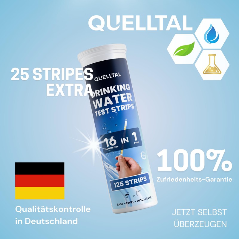 Quelltal 16-in-1 Water Test Strips - 125 Pieces for pH,