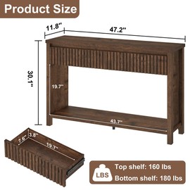 BON AUGURE Console Table with 2 Drawers, 47In Entryway Table with Storage, Sofa Tables with Two-Tier Shelf, Narrow Farmhouse Fluted Couch Tables for Living Room, Rustic Oak