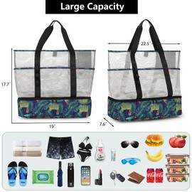 UYLIA Large Tote Mesh Beach Bag with Cooler for Women Men, Durable 8 Pockets Sandproof Waterproof Foldable for Pool Swimming and Travel Daily Use (Green Leaves)