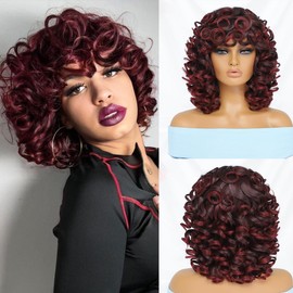 Short Curly Kinky Wigs with Bangs for Black Women Black Mixed Burgundy Color Afro Loose Curly Wigs for Black Women Fluffy Synthetic Hair Wig Afro Curly Wigs for Women 250g (14 Inch, T1B-BUG)