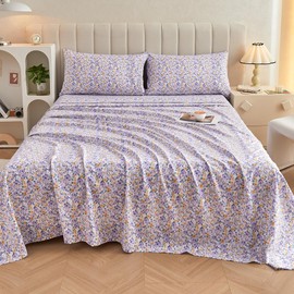 Mooreeke Floral King Bed Sheets, Soft Microfiber Vintage Printed Bedding Sheets & Pillowcases, Deep Pocket Non-Slip Fitted King Sheet, Purple Yellow Flower Pattern Bedsheets