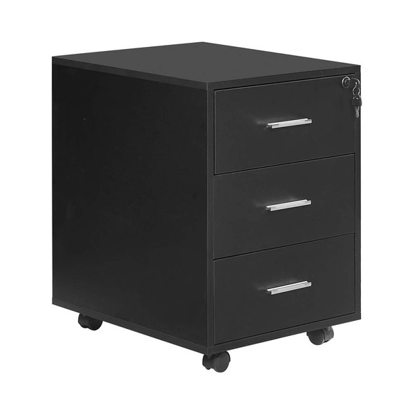 HomeSailing Office Lockable Unit Storage Cabinet 3 Drawers Black with Mobile Caster Wood Under Desk Pedestal Side File Document Organizer Drawers Cabinet Small Space