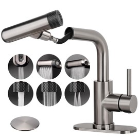 Grey Bathroom Faucet with Pull Down Sprayer, 6 Water Mode, Single Handle, 1 or 3 Hole Bathroom Sink Faucet with Pop Up Drain for RV Bar Laundry Vanity