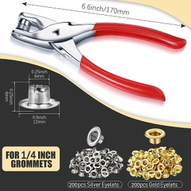 Grommet Eyelet Plier Set, TOPIND Eyelet Hole Punch Pliers Kit with 400 Metal Eyelets, Grommet Tool Kit for Leather Clothes Belt (Gold, Silver,1/4 Inch/6mm)