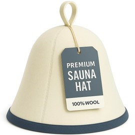 Premium Sauna Hat – 100% Natural Wool, Handmade Sauna Headwear for Men and Women – Eco-Friendly, Breathable, Insulating Hat for Sauna, Steam Room, Banya, and Bathhouse – One Size Fits All, White-Blue