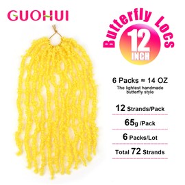 GUOHUI Super Light Butterfly Locs Crochet Hair 12 Inch 6 Packs Pre-Looped Soft Distressed Faux Locs Braids for Women Kids (12 Inch,YELLOW#)