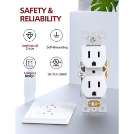AIDA Duplex Receptacle Wall Outlet, Residential, 3-Wire, Self-Grounding, 15Amp 125V, Wall Plate Included, UL Listed, Push & Side Wire (10, White)