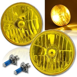 Octane Lighting 7 Inch H6024/6014 Yellow Amber Crystal Glass Headlight H4 Halogen Fog Light Pair