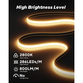 Shine Decor COB LED Neon Rope Light AC110-120V 16.4ft, 800lm Ultra Bright(2800K Warm White), IP65 Waterproof ETL COB LED Strip Light, Cuttable LED Tape Light for Cabinet Bedroom Commercial 10x4.5mm