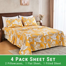 Gogreen 4PC Deep Pocket Full Sheet Set Fit 14", Breathable Microfiber Soft Full Size Sheet Set, Hotel Style Bed Sheet Set, Gift for Women, Men - Yellow Leaves