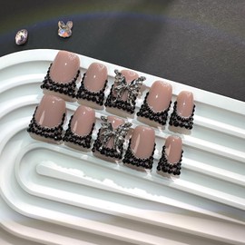 10 Pcs Handmade Press on Nails Medium Square Fake Nails French Tip Full Cover Nude Pink Nails Press Ons Artificial Acrylic 3D Rhinestone Butterfly Pattern Design Stick on Nail for Women(Size S)