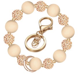 Penekin Keychain Wristlet, Silicone Beaded Wrist keychain for Women, Elastic Key chains for Car Keys (Beige Gold)