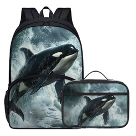 Parprinty Cute Animal Backpack Set for Girls Boys 17 Inch Stormy Sea Killer Whale Orca Backpack with Lunch Box for Kids Elementary Student Padded Back Lightweight School Bag Black Bookbag