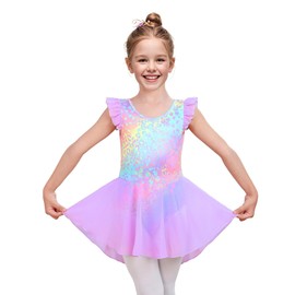 Stylish Girls' Ballet Leotard with Skirt - Elegant Flutter & Ruffle Sleeves, Comfortable Stretch Fit, Perfect for Dance, Lavender Size 7-8T