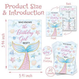 Who Knows The Birthday Girl Best Birthday Party Game Cards, Mermaid Sea Themed Birthdays Night Games Creative Idea, Sleepover Slumber Party Supplies, 20 Game Cards Set for Party(Double-sided)-52