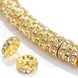 Guoxin Rondelle Spacer Beads 100Pcs Round Crystal Charms Czech Rhinestone Silver Plated Spacer Loose Beads for DIY Bracelet Necklace Jewelry Making Supplies (8MM, Gold White)