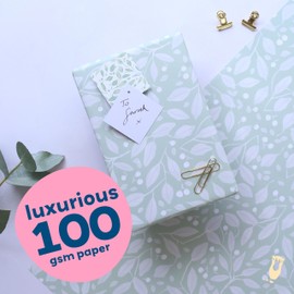 Green Floral Gift Wrap - 2 Luxury Sheets of Florals Wrapping Paper in Greensleeves Design - Green White Pattern - Women Birthday Mum Mother's Day, Wedding Anniversary Giftwrap (Greensleeves (2 Sheet))