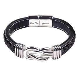 To My Son/Grandson Bracelet, Forever Linked Together Braided Leather Bracelet, Stainless Steel Magnetic Closure Leather Knot Cuff Wristband, Back to School Gifts Christmas Gifts Birthday Gifts, 5.5