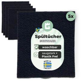 Grünschloss Dish Cloths Black (5X) Swedish Dish Cloths Washable - Absorbent Sponge Cloths Black Made of Wood Pulp & Cotton Cleaning Cloth - Black Kitchen Cloths, Dish Cloths Modern