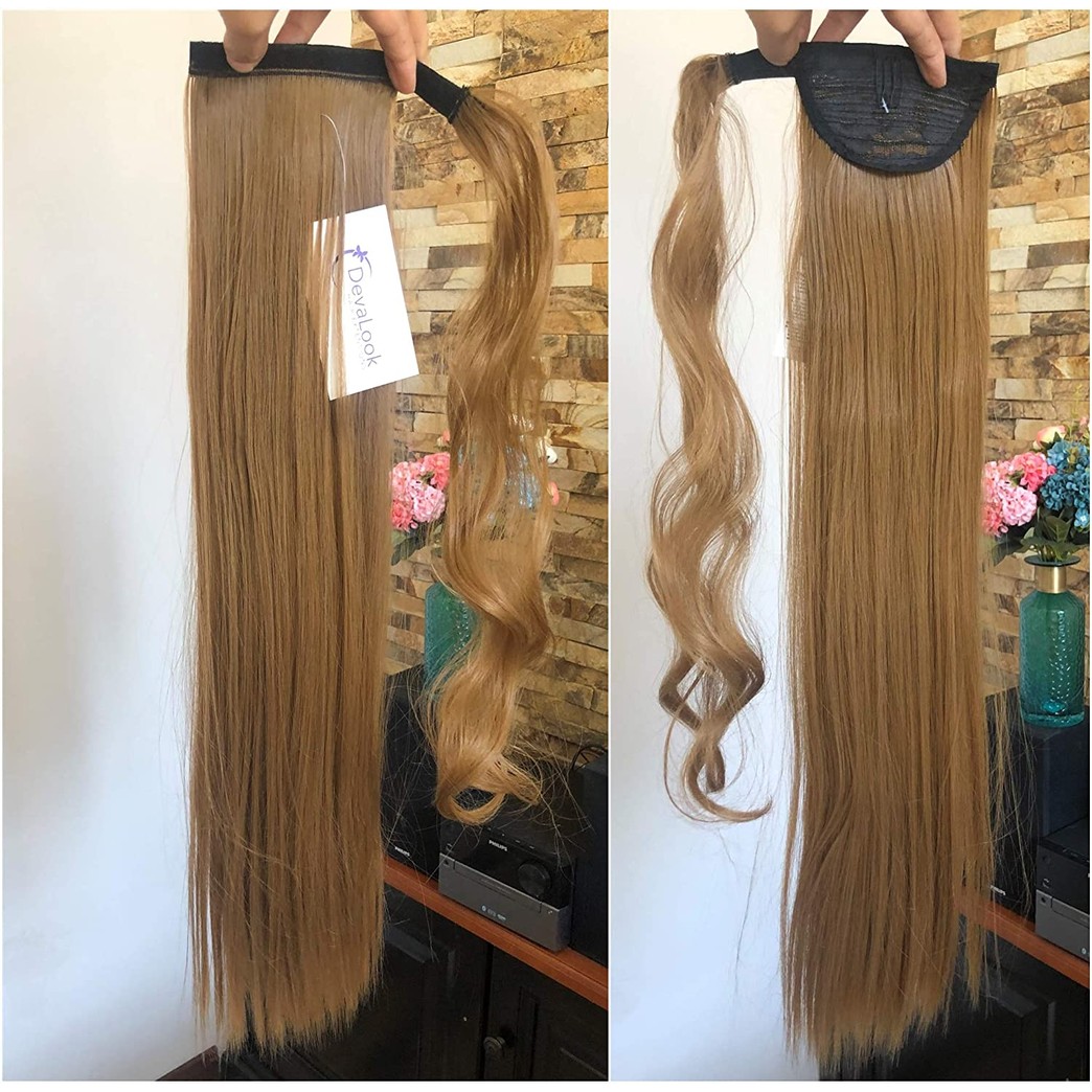 22" Long One Piece Solid Color Straight Curly Wavy Clip in Wrap around Ponytail Hairpieces (22" Straight - Honey blonde)