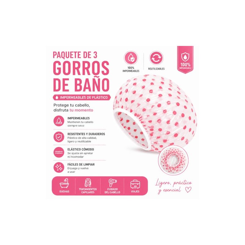 Set de 3 Gorros para Baño Impermeables, Gorra de Ducha