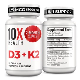 10X Health Vitamin D3 5000 IU & K2 MK7 - Menaquinone 7, High-Potency D3 K2 Vitamin Supplement for Bone Health, Heart and Teeth - 125 mcg Vitamin D & 90 mcg Vitamin K2-60 Capsules