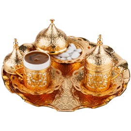 DEMMEX 2024 Turkish Greek Arabic Coffee Serving Set with Cups, Saucers, Cup Holders, Lids, Sugar Bowl & Lid and Tray, 11 Pcs (Gold), Medium