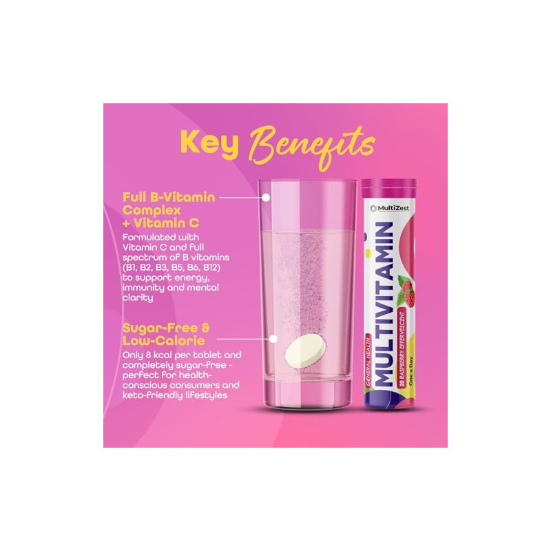Multivitamin Effervescent| Raspberry Flavour|20 Tablets x 6| MultiZest Brand