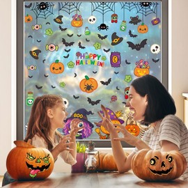 Pegatinas para ventana de Halloween, lindas calcomanías de calabaza y murciélago de bruja de calabaza con esqueleto negro, calcomanías estáticas para decoración de ventana de Halloween, envía un juego