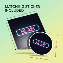 1 x Greeting Card & 10 cm Round Sticker Set - Neon Sign Design Blair Name - Birthday Thank You Friend Lover Fan Mum Dad Kids #352804