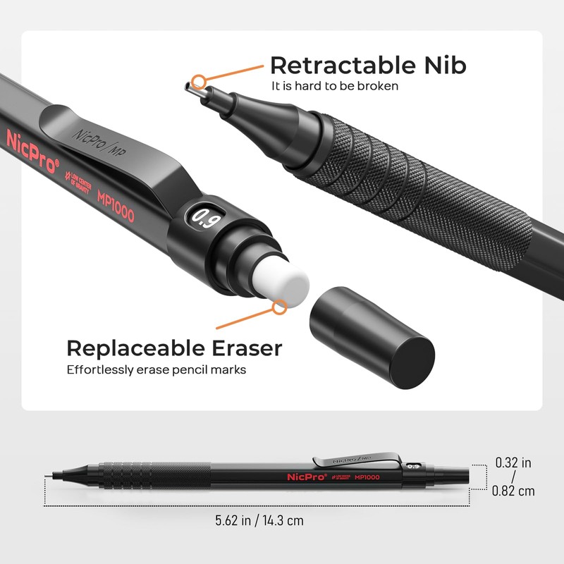 Nicpro 0.9 Metal Mechanical Pencil Set with Case, 3PCS Black