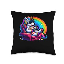 Gamer Unicorn Popcorn Gaming Chair Headphones Games Player Throw Pillow
