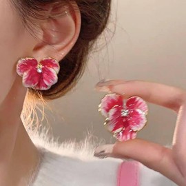 Wendalern Bohemian Red Flower Stud Earrings Enamel Flower Leaf Earrings Cubic Zirconia Rhinestone Cherry Blossom Flower Earrings Large Petal Statement Earrings Wedding Jewellery for Women, Zinc, No