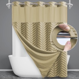 WONICY Extra Long No Hook Shower Curtain with Snap in Liner, Tufted Chevron Striped Shower Curtain Set for Bathroom, Boho Waterproof and Washable Shower Curtains, 71Wx86H, Khaki