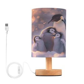 JUMBEAR Small Eye Care Table Lamp, Cute Penguins Bedside Lamps Nightstand Lamps with Flaxen Fabric Shade for Kids Room Living Room Office Desk
