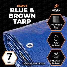 Xpose Safety 10’ x 12’ Heavy Blue/Brown Tarp - Waterproof Tarp - 7 Mil Weatherproof Camping Tarp for Tent, Rain, Wind & Sun - Plastic Tarpaulin Cover Outdoor Tarp for Roof, Trailer, RV, Car, Boat