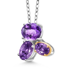 Gem Stone King 925 Silver and 10K Yellow Gold Purple Amethyst Pendant Necklace For Women (2.40 Cttw, Oval Checkerboard 8X6MM, 7X5MM and 6X4MM, Gemstone February Birthstone, with 18 Inch Chain)