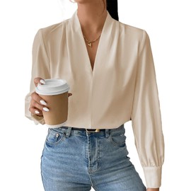 EVALESS Women Blouse Work Interview Long Sleeve Blouse Dressy Casual Summer Tops Womens Business Outfits Ladies Elegant V Office Neck Plus Size Spring Clothes for Women B Khaki XX-Large