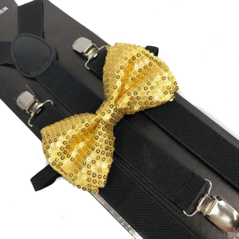 coool Gold Sequin Bow Tie & Black Suspender Set Tuxedo