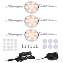 Lrlite 3 Pack Linkable Puck Lights for Kitchen Cabinet, Under Counter, Shelf, Accent Display Lighting with Wall Plug and On/Off Switch (2700K Warm White, 2.4" D x 0.3" H)