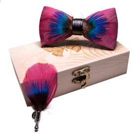 JEMYGINS Burgundy Feather Bow Tie Leather Bow tie and Brooch Sets for Men(6)