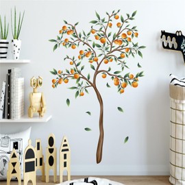 SMAOSTORE Orange Tree Watercolor Green Leaves Tangerine Stylish Kids Room Bedroom Study Living Room Bedroom Colorful Painting Background Wall Waterproof Removable Wall Sticker