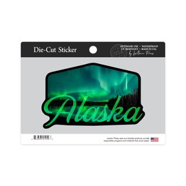 Die Cut Sticker Alaska, Northern Lights Over Lake, Contour Vinyl Sticker 3 to 6 inches, (Waterproof Decal for Cars, Water Bottles, Laptops, Coolers), Large