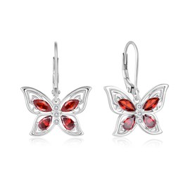 YL Big Butterfly Earrings for Women, Solid Sterling Silver 18K White Gold Plated Birthstone Teardrop Dangle Drop Leverback Earrings Jewelry, Sterling Silver, created garnet