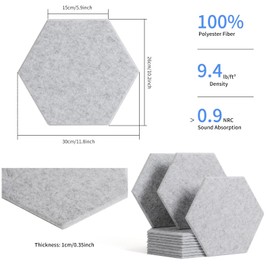 Rdutuok 12 Pack Rdutuok High Density Hexagon Acoustic Panels,Acoustic Foam Panels 30 x 26 x1 cm Beveled Edge Tiles Sound Proof Padding for Recording Room,Offices,Home and Wall Decoration Silver Gray