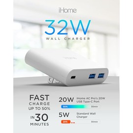 iHome Cargador de Pared USB multipuerto 32 W AC Pro: estación de Carga para Varios Dispositivos con 3 Puertos USB (1 USB-C, 2 USB-A): Carga rápida, co