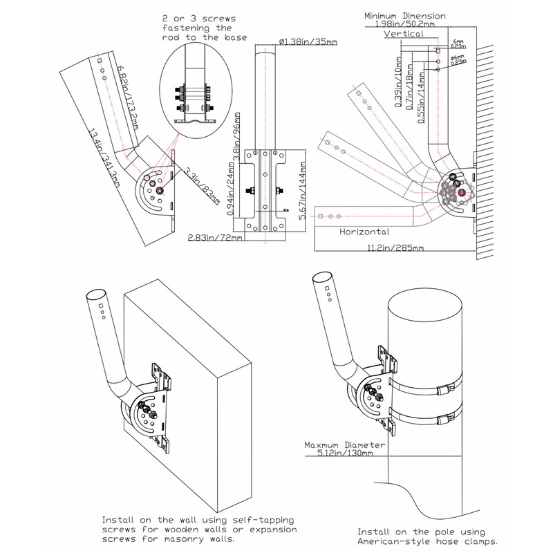 Heavy Duty Pivot Antenna Pole Mount Bracket, J-Pipe Solid Rustproof