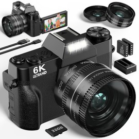 6K Digital Camera for Photography - WiFi 64MP Vlogging Cameras for YouTube with 3" 180° Flip Screen, 16X Digital Zoom Autofocus Vlog Travel Camara with 32GB SD Card, 2 Batteries and Double Charger