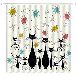 CCXTCZ Mid Century Modern Shower Curtain Atomic Cat Diamonds Iconic Sputnik Black Kitten Retro Abstract Vintage Geometric 1950s 1960s Fabric Bathroom Decor Curtains with Hooks,Beige Black